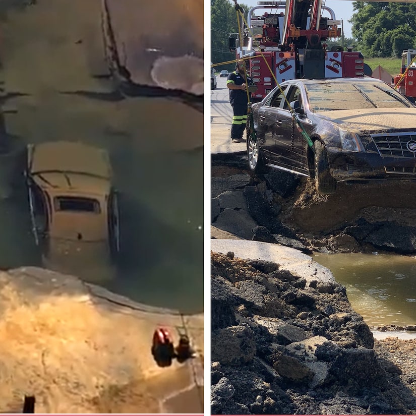 Cadillac Driver ignores Waterworks Repairs Barriers and Instantly Regrets It