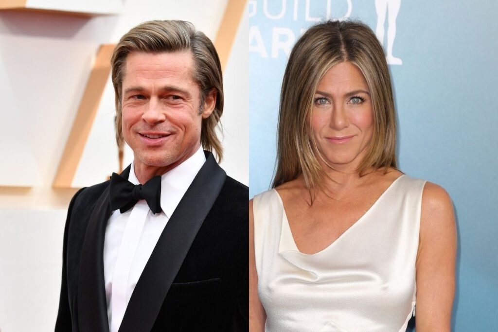 side by side photos of Brad Pitt in a tuxedo and Jennifer Aniston in a white dress