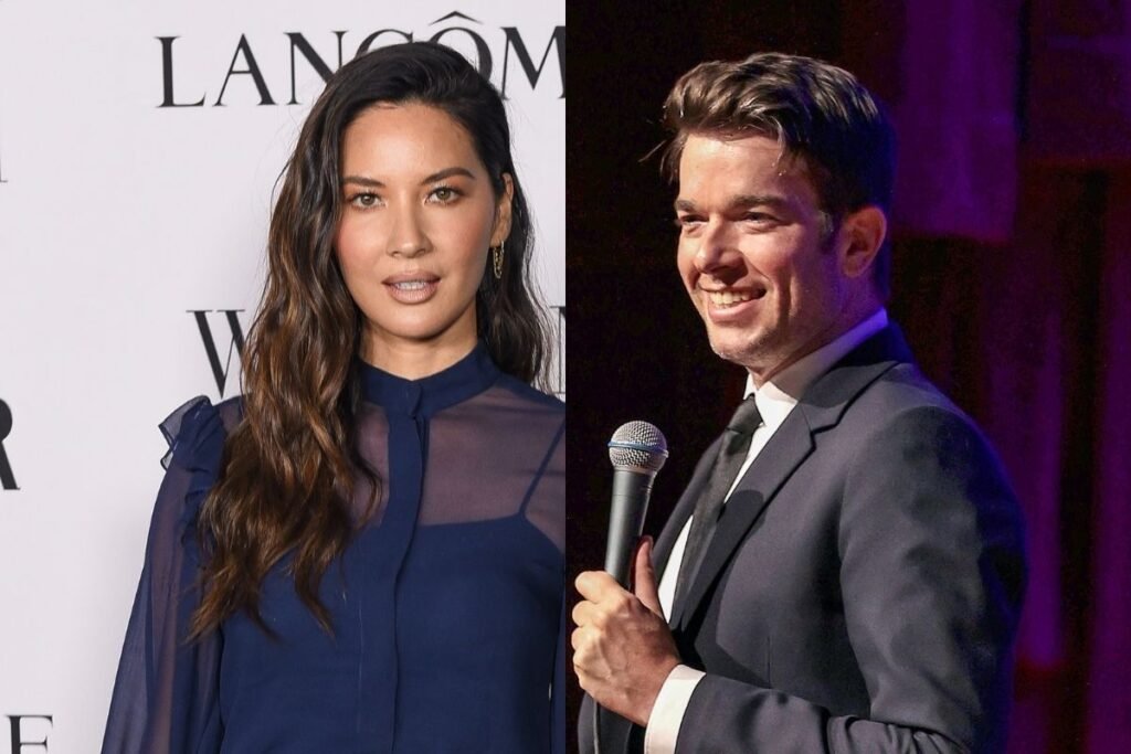 side by side photos of Olivia Munn in a blue dress and John Mulaney in a grey suit
