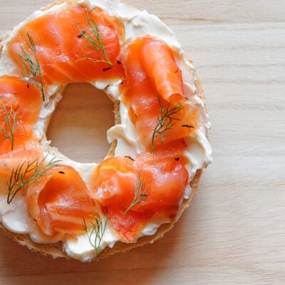 A bagel with cream cheese and lox