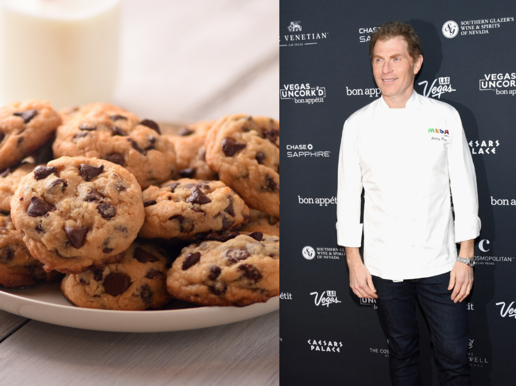 Side by side photos of a plate of chocolate chip cookies and a photo of Bobby Flay