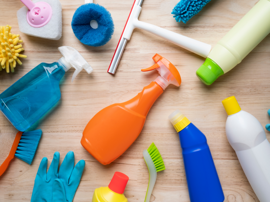 House cleaning product on wood table