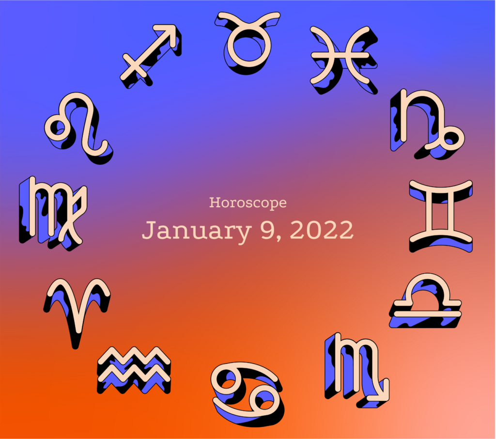 a zodiac wheel featuring every sign on a blue and orange gradient