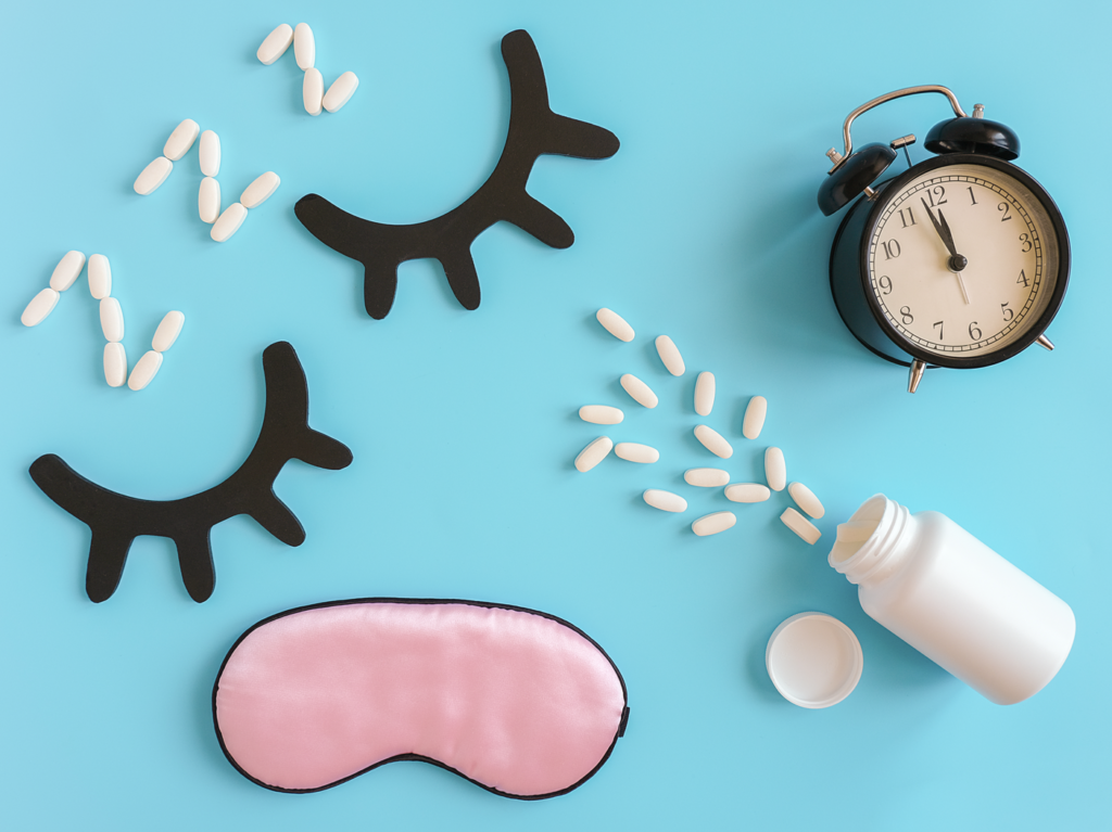 White bottle and pills, closed decorative eyes, black alarm clock and sleep mask on blue background. Sleeping backdrop Concept melatonin, insomnia and good night.