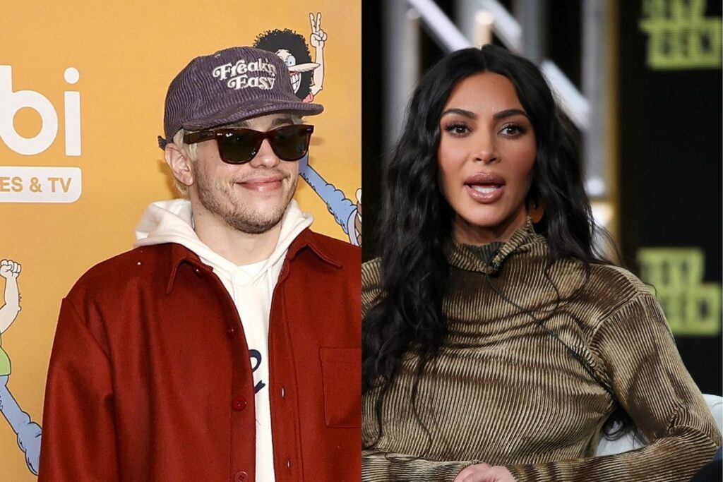 side by side images of Pete Davidson and Kim Kardashian