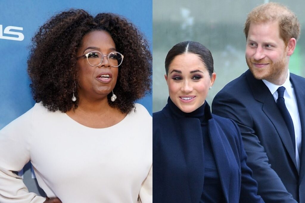 side by side images of Oprah Winfrey and Meghan Markle and Prince Harry