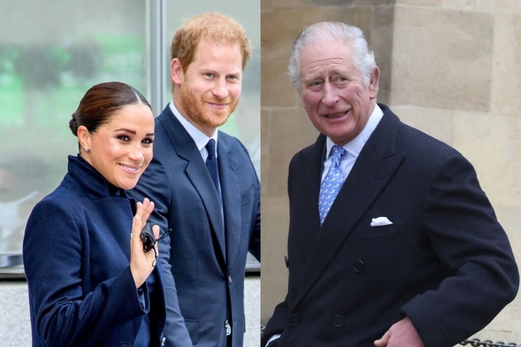 side by side images of Prince Harry and Meghan Markle and Prince Charles