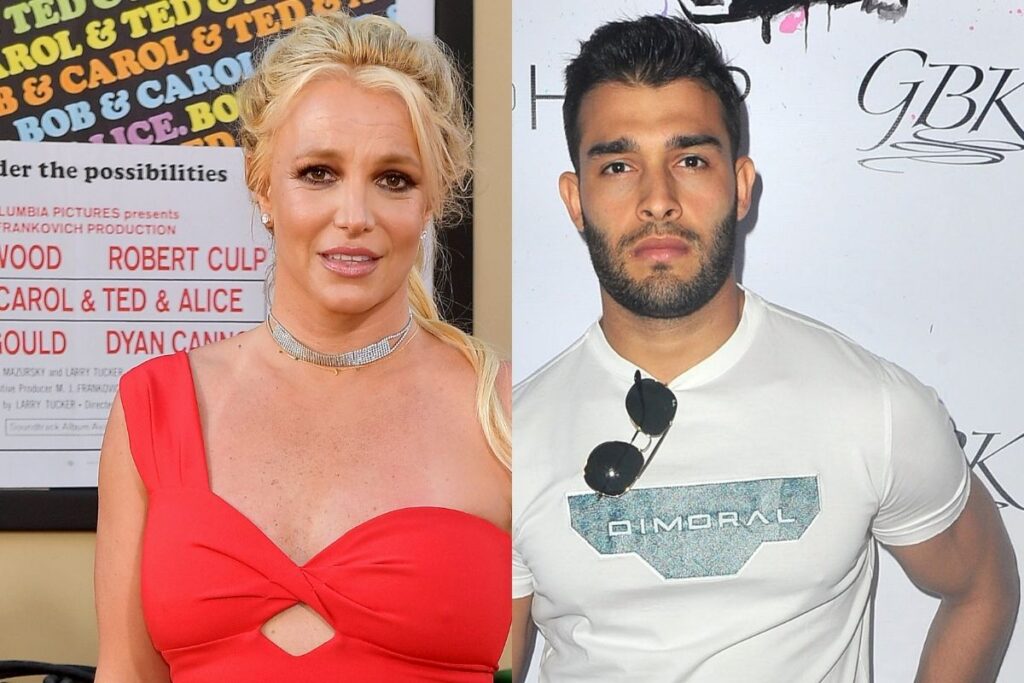 side by side images of Britney Spears in a red dress and Sam Asghari in a white tee