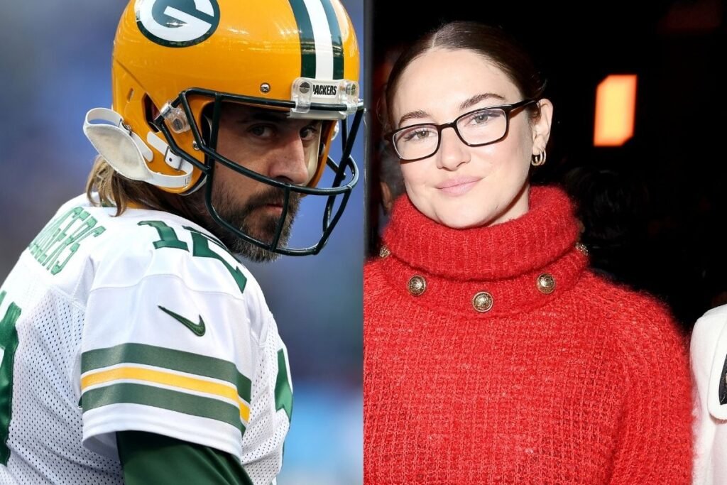 side by side photos of Aaron Rodgers in a Green Bay Packers uniform and Shailene Woodley in a red sweater