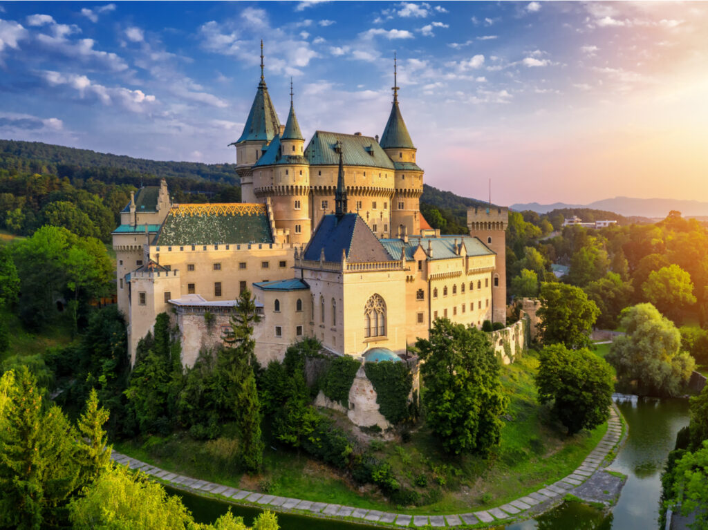 Aerial view of Bojnice medieval castle, UNESCO heritage in Slovakia.