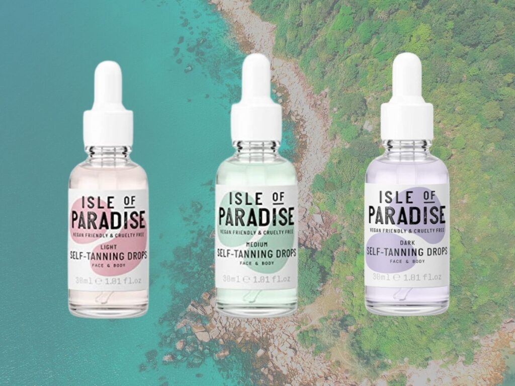 The three shades of Isle of Paradise self-tanning drops.