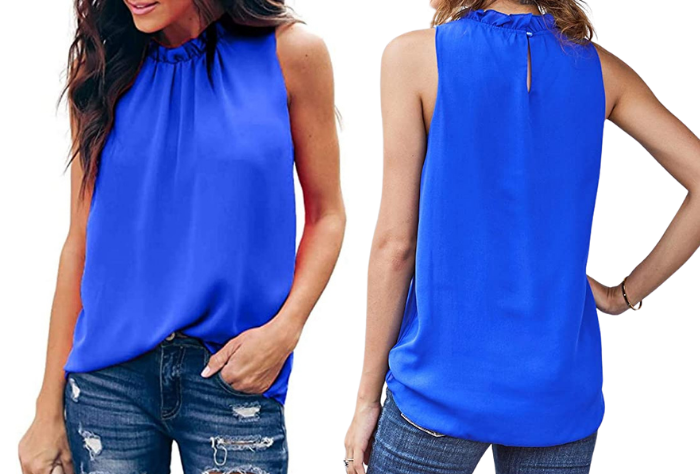 Blue chiffon ruffle sleeveless blouse