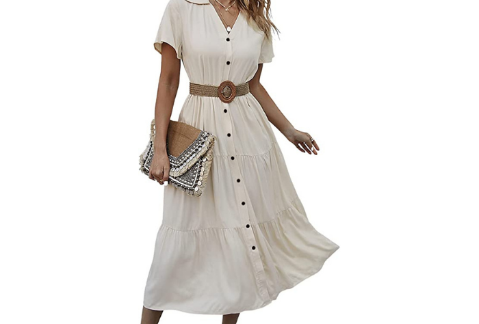 White tiered button up midi dress