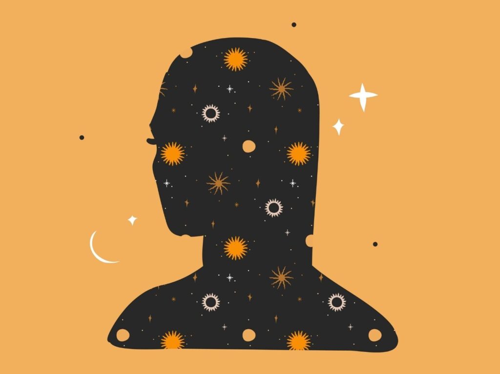 Feminine silhouette with suns and stars in and around it on orange background