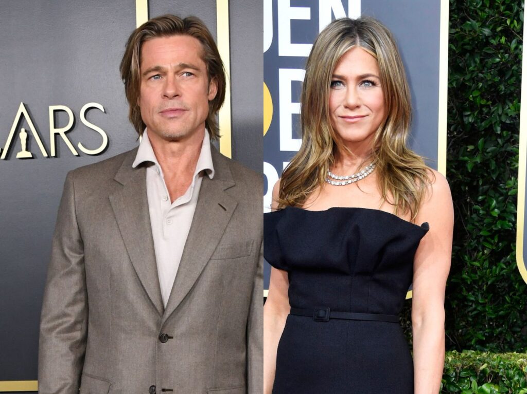 side by side photos of Brad Pitt in a grey suit and Jennifer Aniston in a black dress