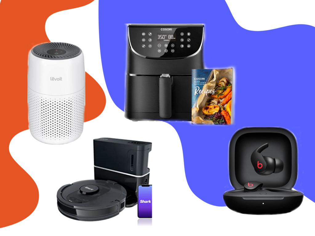 A collage of products on sale during Amazon Prime days, including a Shark robot vacuum, Beats earbuds, a Levoit air purifier, and a Cosori air fryer.