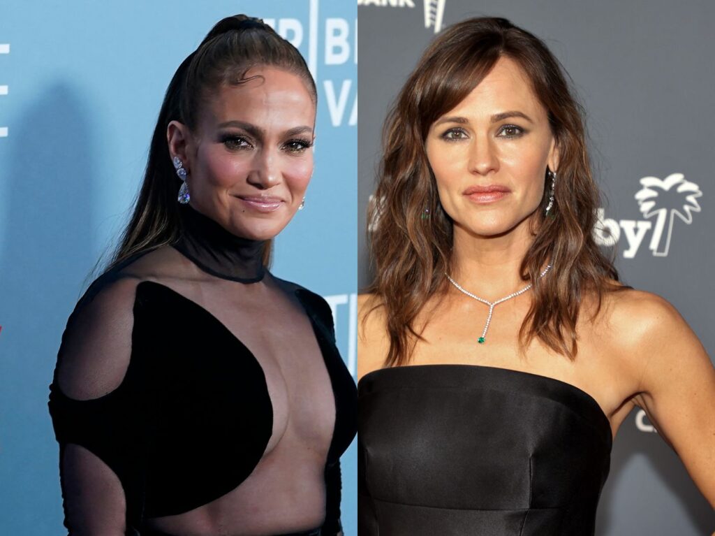 side by side photos of Jennifer Lopez in a black dress and Jennifer Garner in a black dress