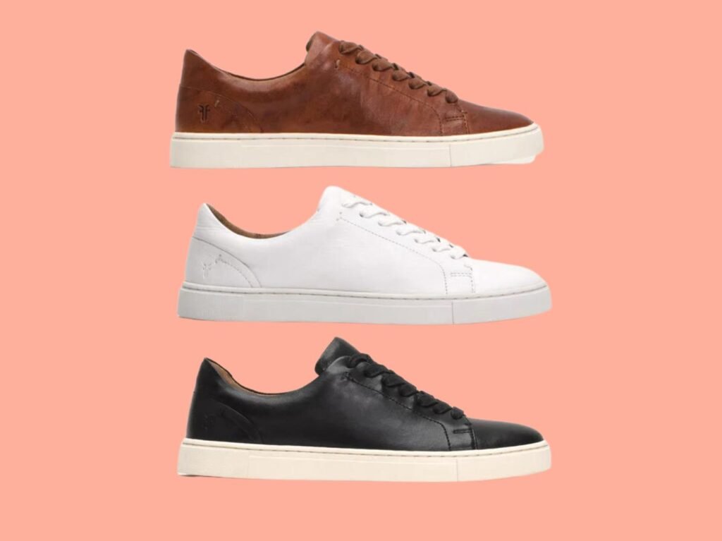 Frye Exchange Ivy Low Top sneakers in cognac, white, and black