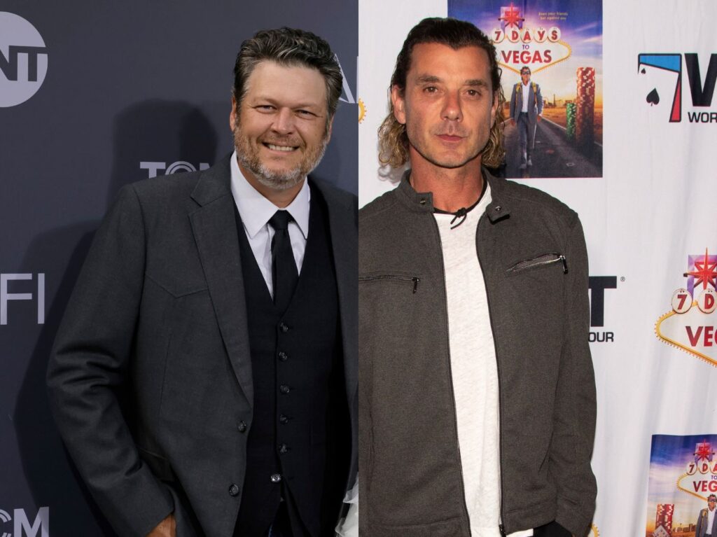 side by side photos of Blake Shelton in a grey suit and Gavin Rossdale in a grey jacket