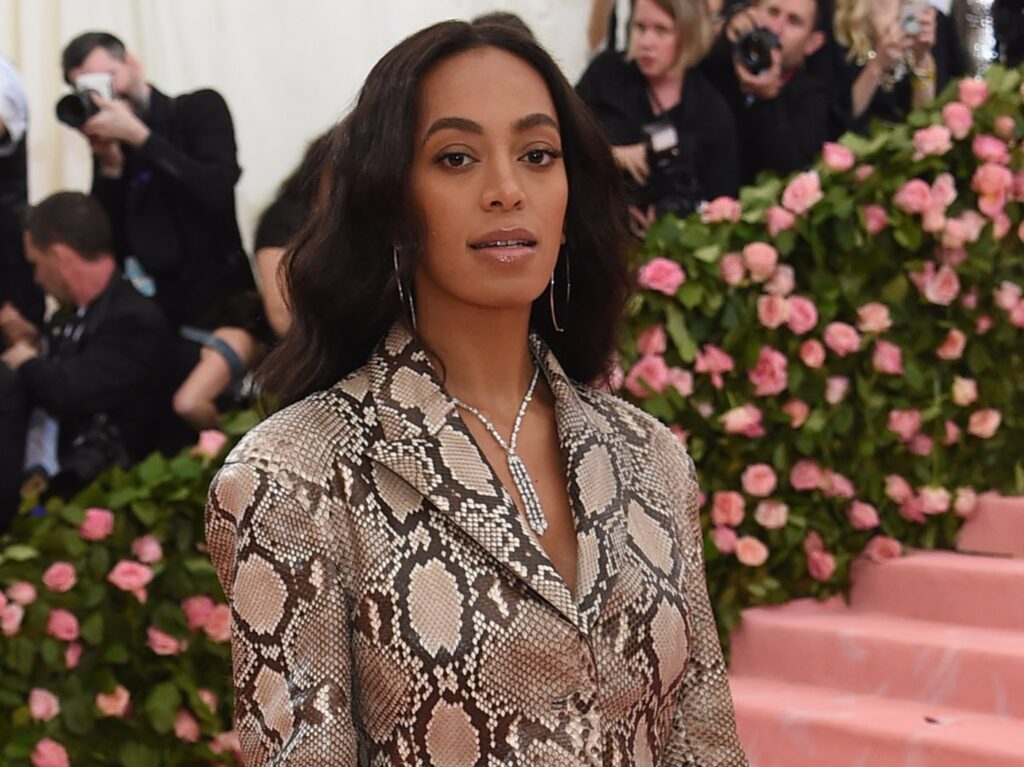 Solange Knowles posing in brown snakeskin-patterned blazer