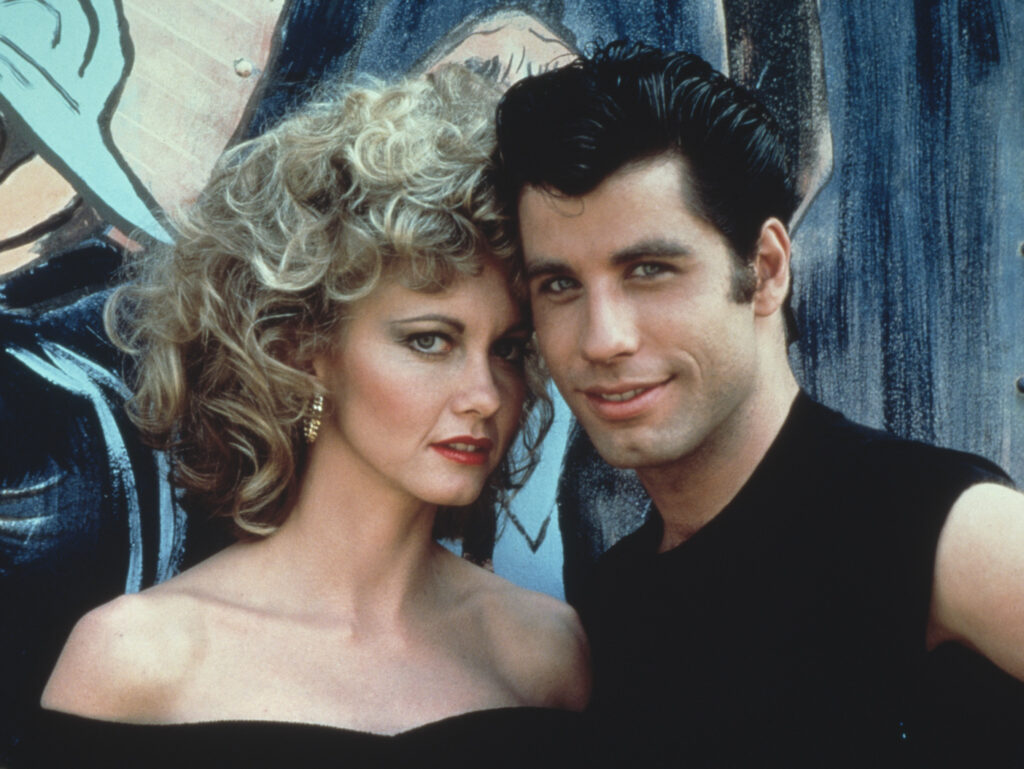 1978 photo of Olivia Newton John and John Travolta in character for 'Grease'