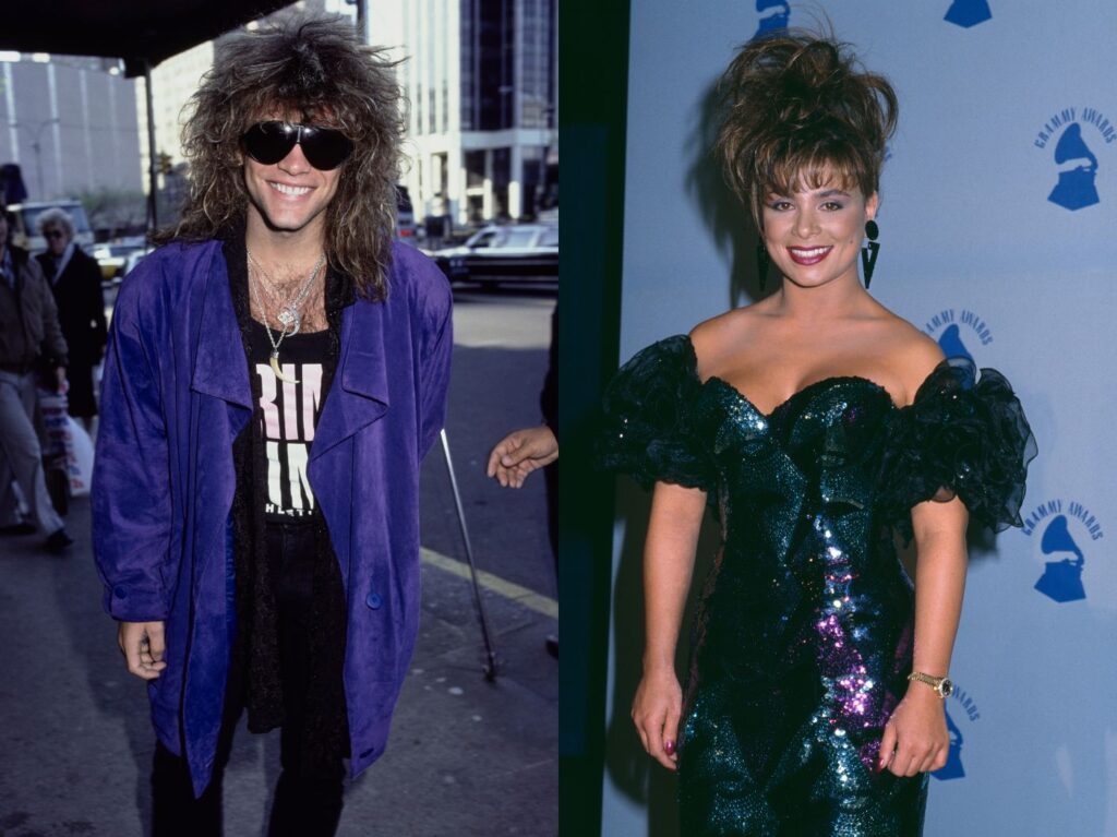 Side by side images of Bon Jovi and Paula Abdul in the '80s. 