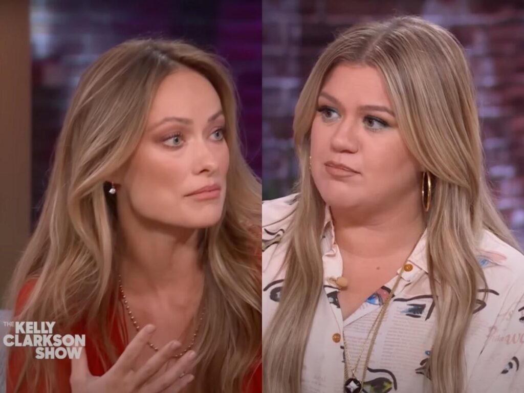 side by side screenshots of Olivia Wilde and Kelly Clarkson talking on Clarkson's show