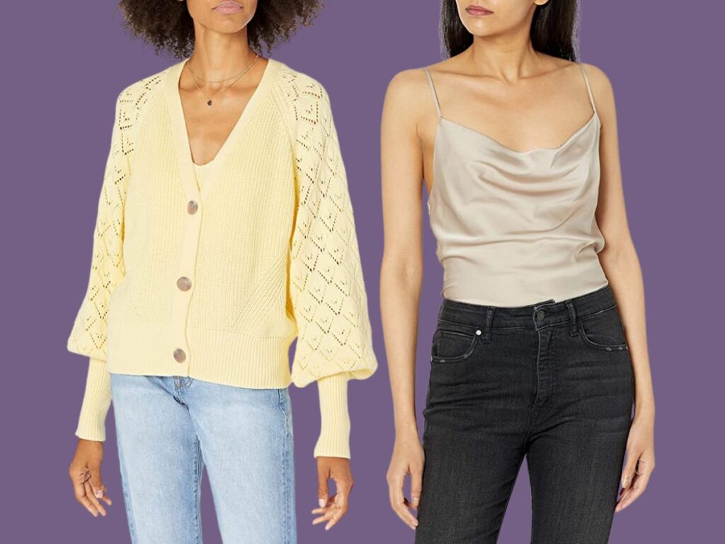 Woman wearing balloon sleeve cardigan on left, woman wearing cowl neck silk camisole on right