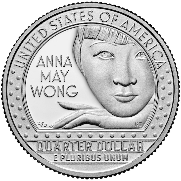 rendering of a U.S. quarter with Anna May Wong's name and head resting on her hand on the front