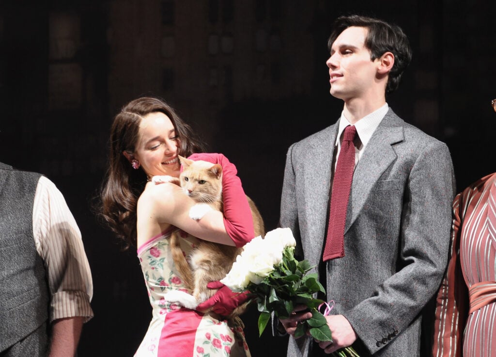 Actors/cast members Emilia Clarke and Cory Michael Smith and Vito Vincent the cat take part in the "Breakfast At Tiffany's" Broadway Opening Night at Cort Theatre on March 20, 2013 in New York City.  