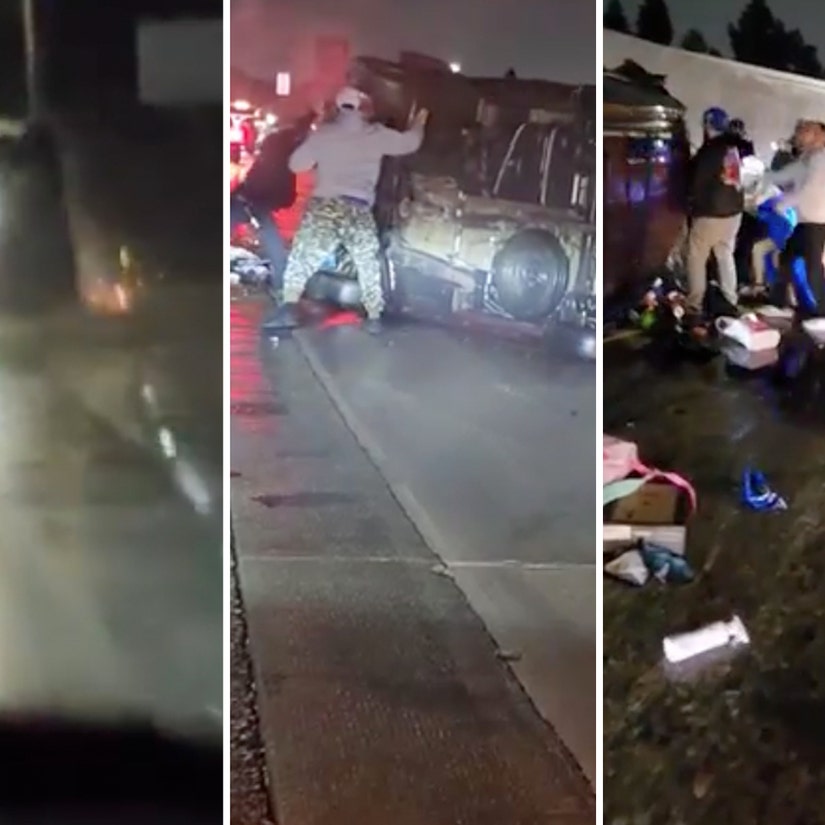 Bystanders Rush to Action After Car Flips on Busy CA Freeway, Trapping Two Inside