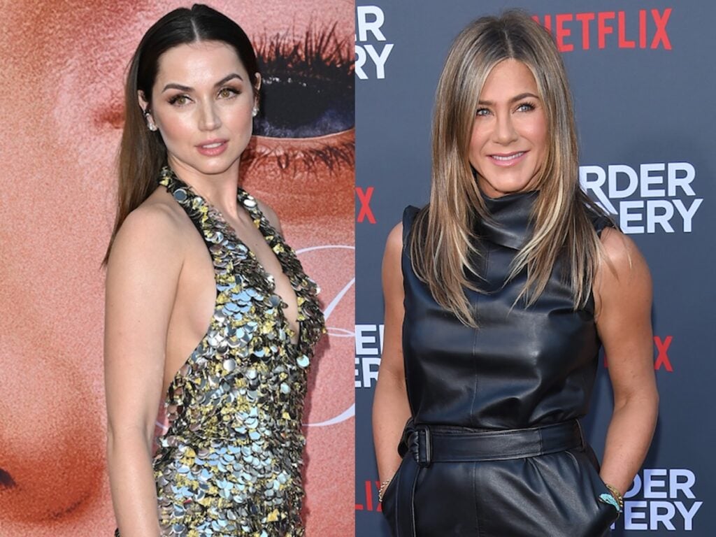 Split image (L): Ana de Armas in sequined gown (R) Jennifer Aniston in black leather dress