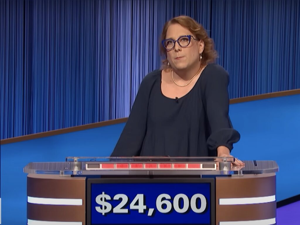 screenshot of Amy Schneider looking in the zone with $24,600 on Jeopardy!